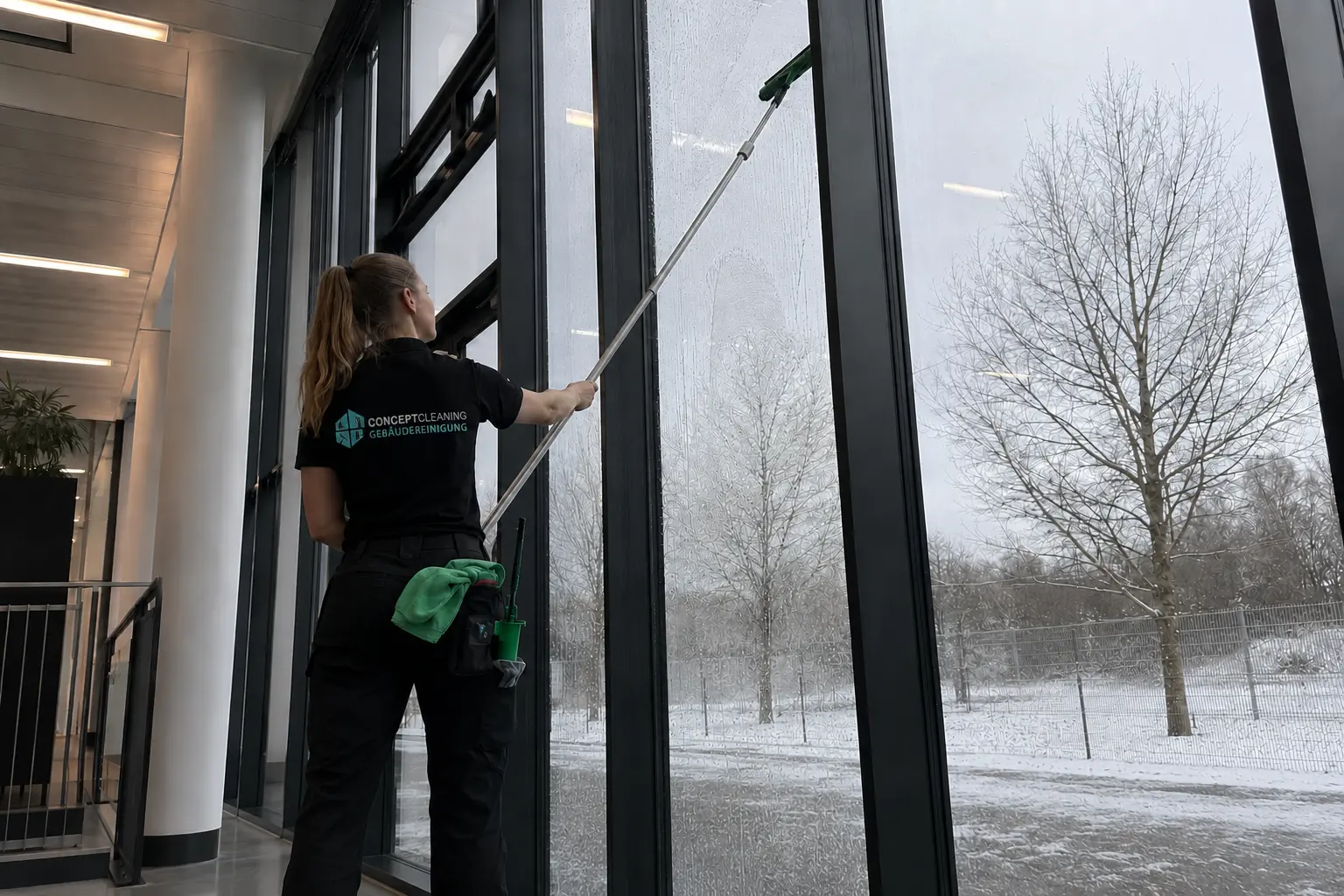 Professionelle Gebäudereinigung in Hannover: sauber gereinigtes Treppenhaus und Fensterfronten